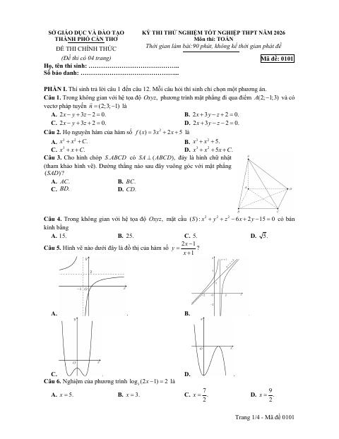 Đề thi thử tốt nghiệp THPT năm 2026 môn Toán sở GD&ĐT Cần Thơ